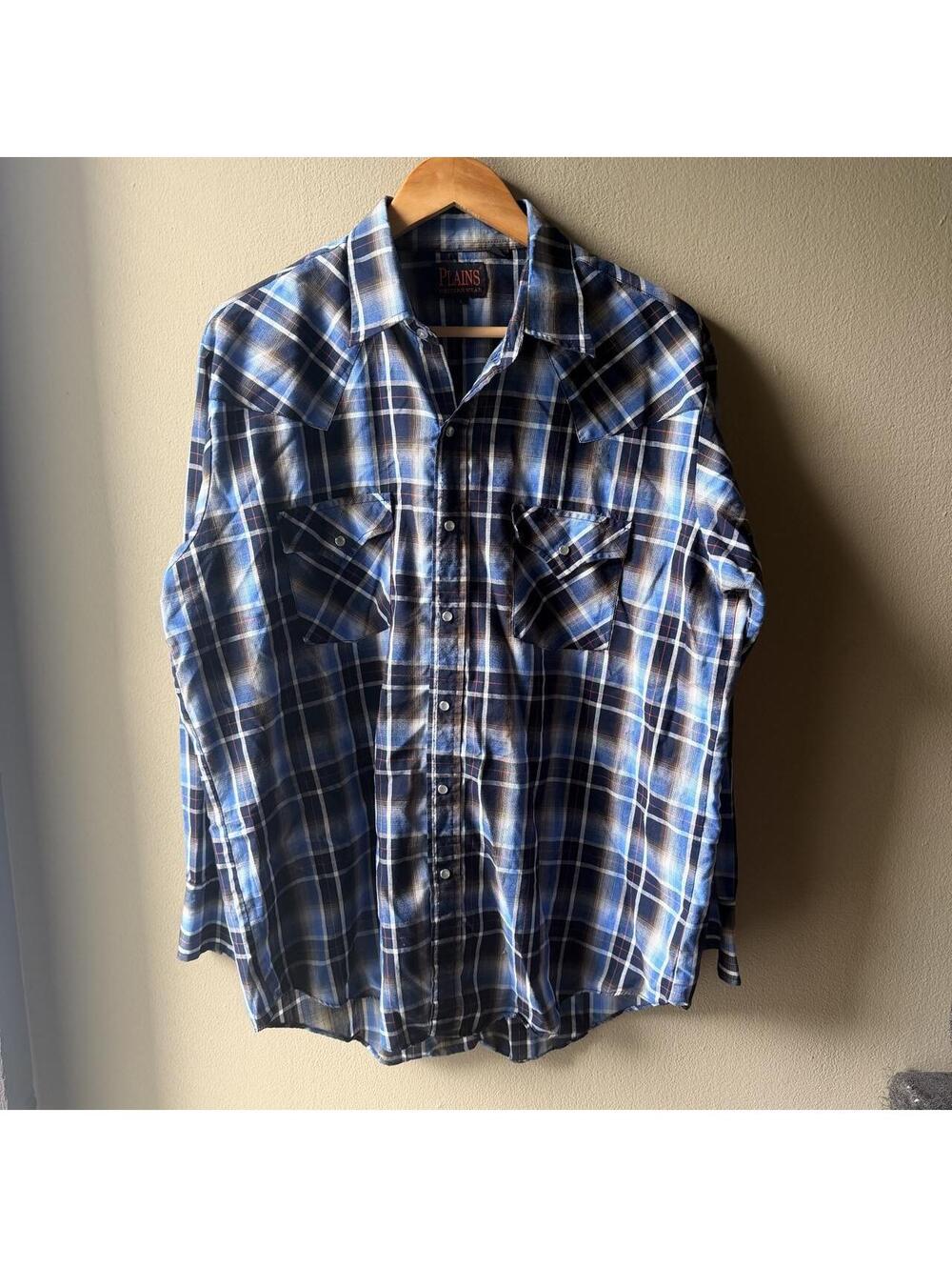Vintage Plains Western Wear Blue Plaid Pearl Snap Shirt Size Large